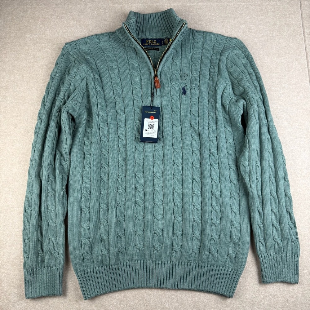 Polo Ralph Lauren Sweater Mens Small Custom Slim Fit Teal Cable Knit 1/4 Zip